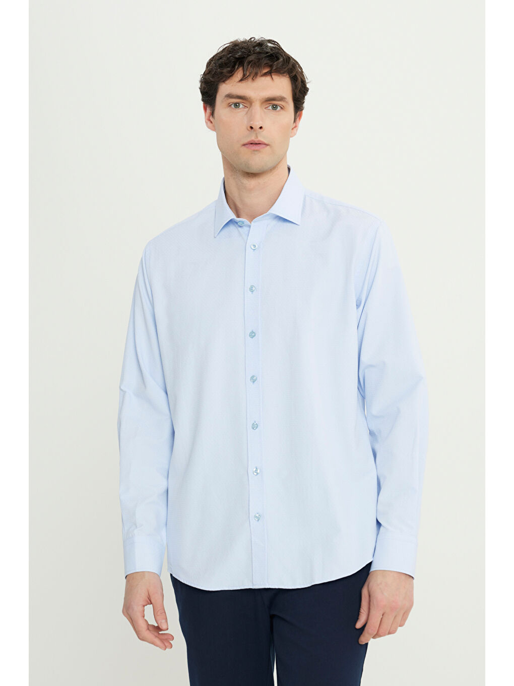 Erkek Açık Mavi Regular Fit Rahat Kesim Klasik Yaka Armürlü Gömlek-2