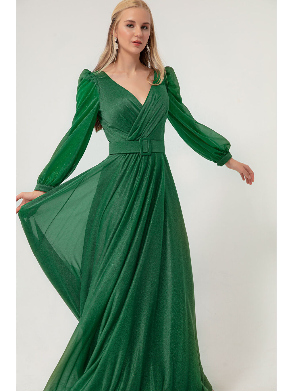 Kadın Zümrüt Yeşili Kruvaze Yaka Simli Uzun Kloş Abiye Elbise-1