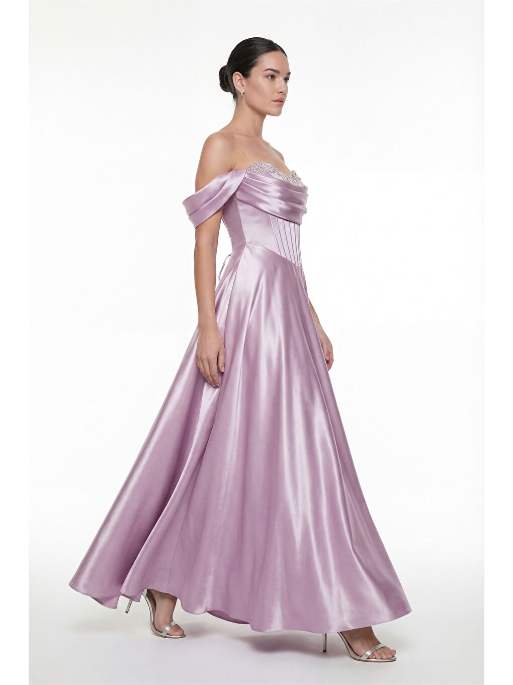 Pembe Kadın Pudra Kayık Yaka Taşlı Uzun Söz Nişan Nikah Abiye Elbise-1