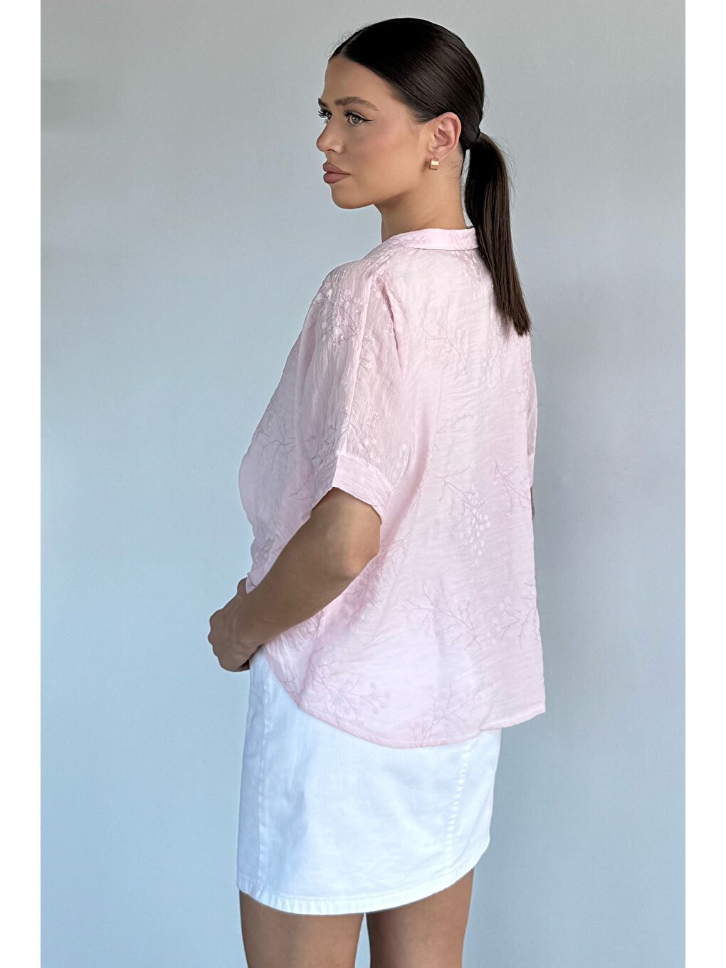 Pembe Kadın Crop Atletli Desenli Bluz-3