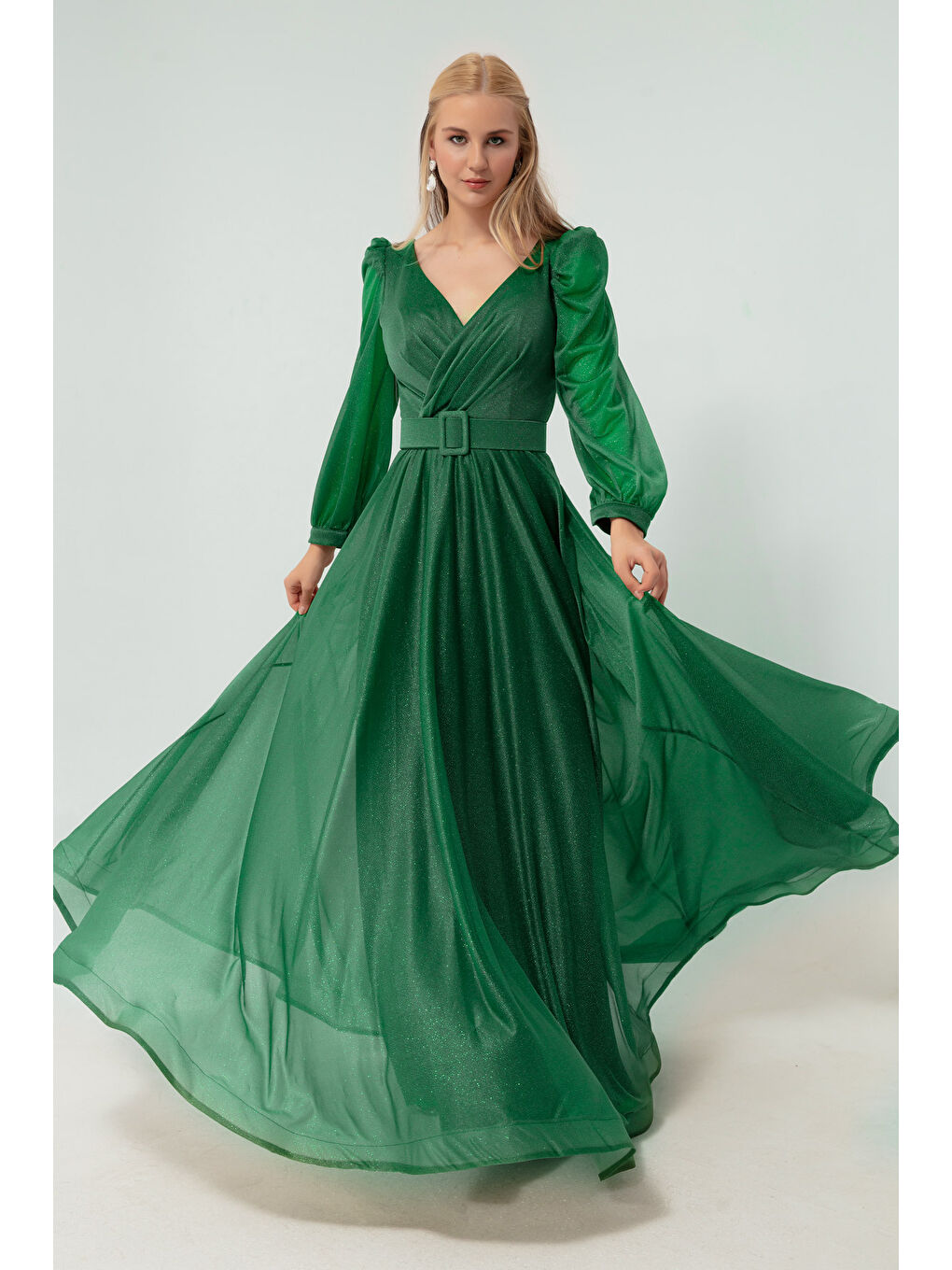 Kadın Zümrüt Yeşili Kruvaze Yaka Simli Uzun Kloş Abiye Elbise-2