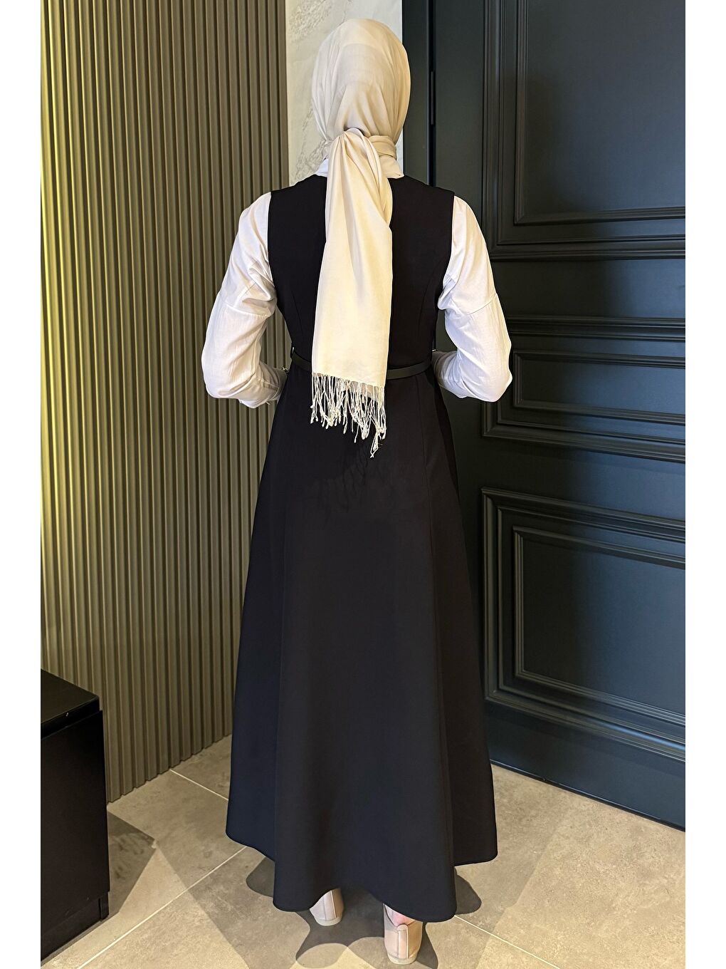Siyah Kemerli Tesettür Jile Elbise-7