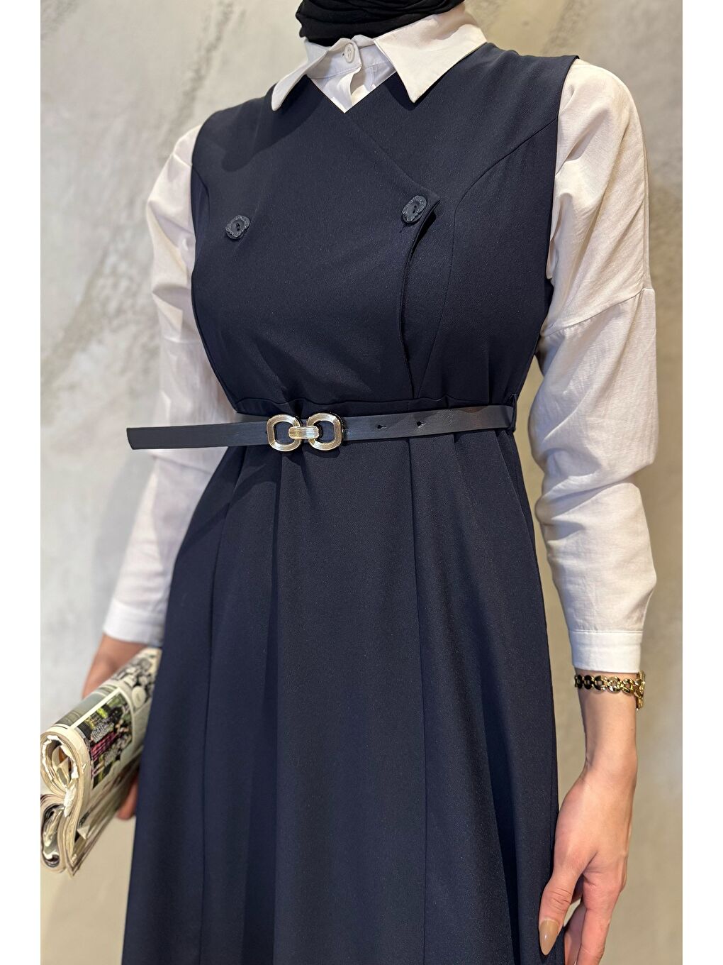 Lacivert Kemerli Tesettür Jile Elbise-5