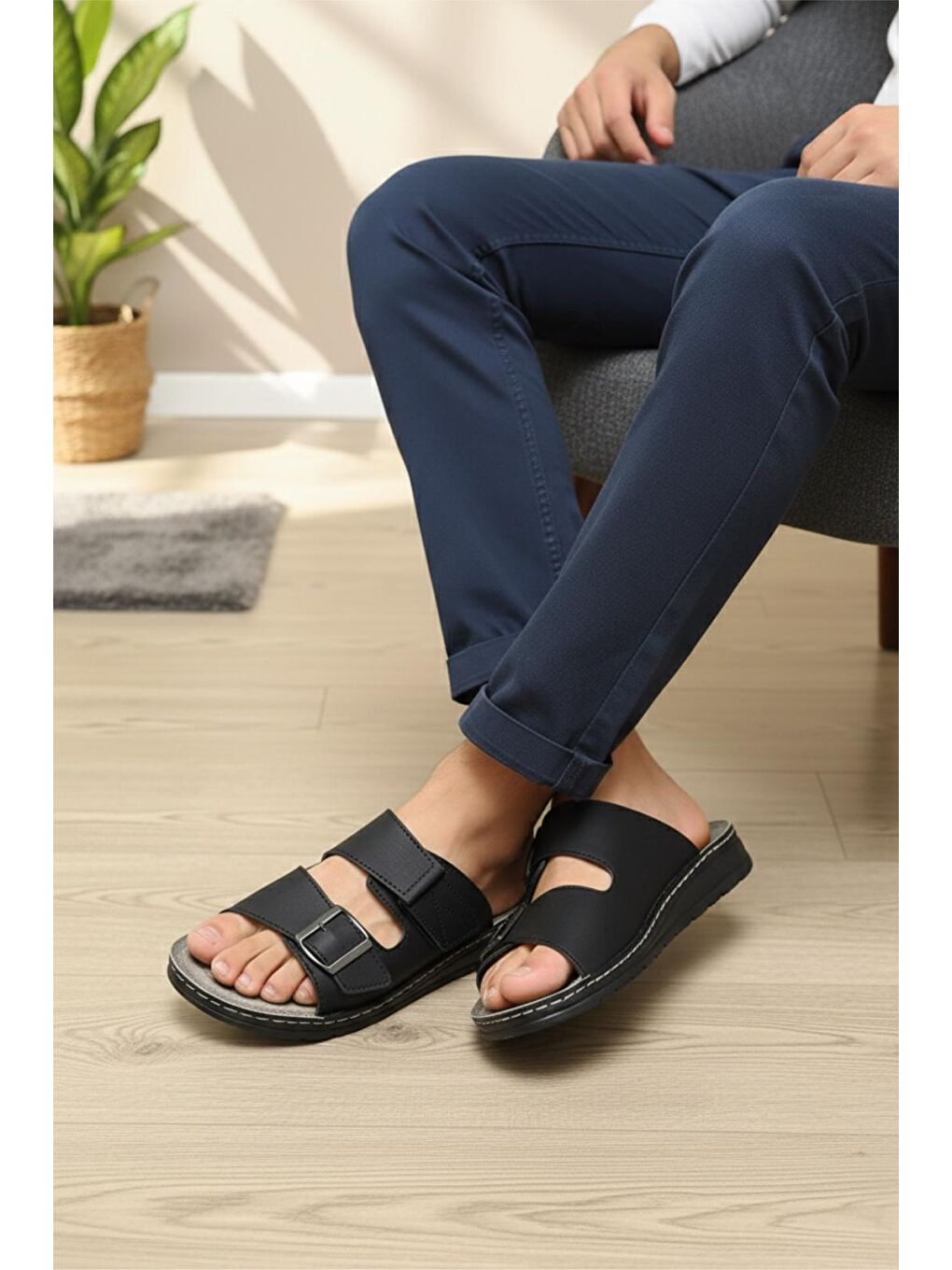 Siyah Awx 9901 Erkek Suni Deri Çift Tokalı Cırtlı Ayarlanabilir Anatomik Taban Günlük Terlik-1