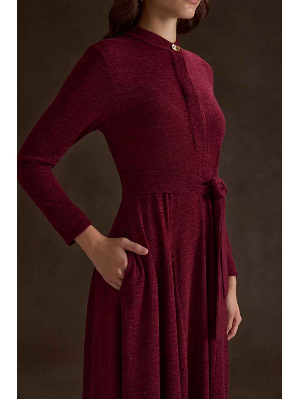 Bordo Seyyar Kuşaklı ,Kloş Örme Elbise-3