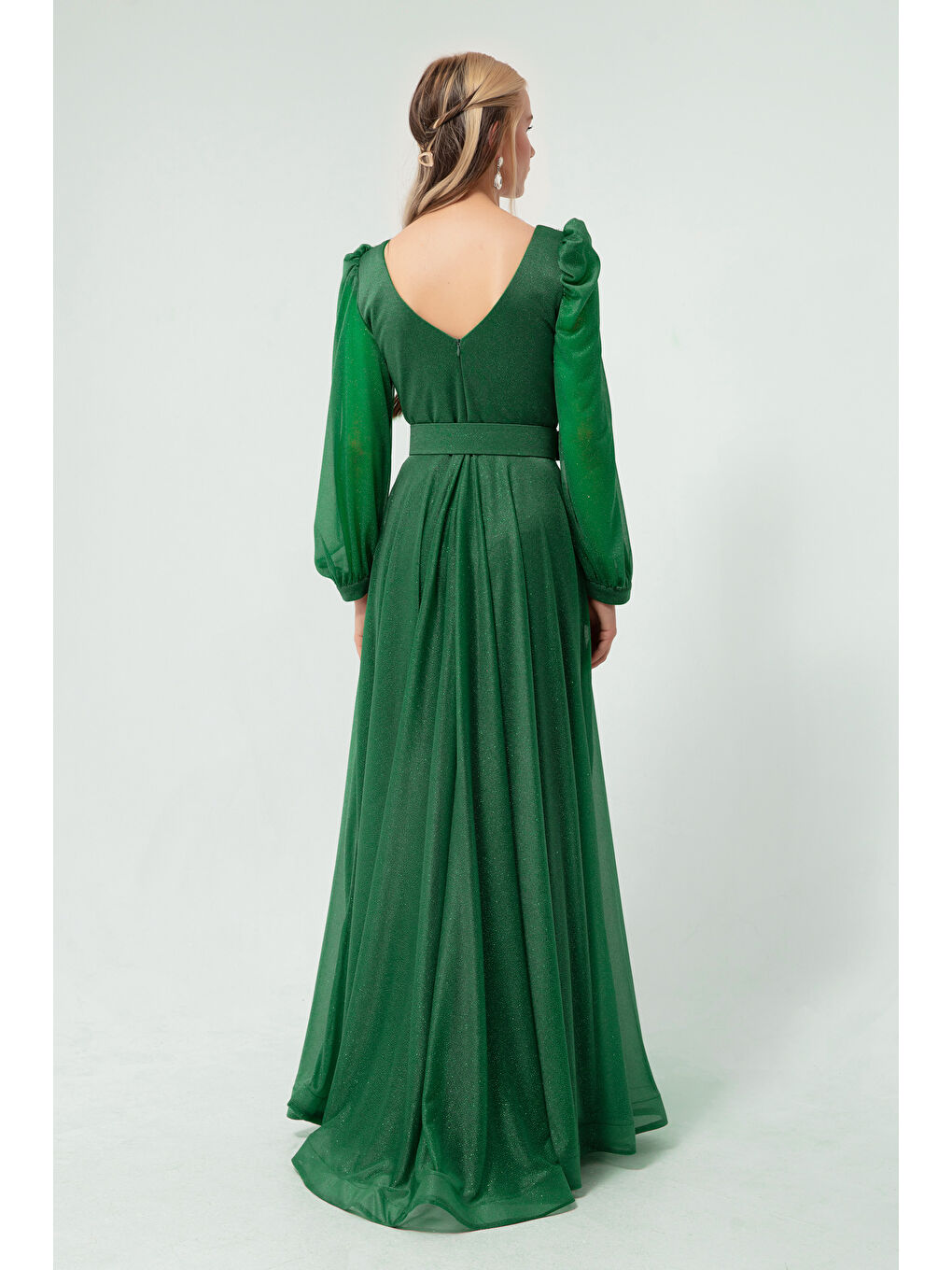 Kadın Zümrüt Yeşili Kruvaze Yaka Simli Uzun Kloş Abiye Elbise-4