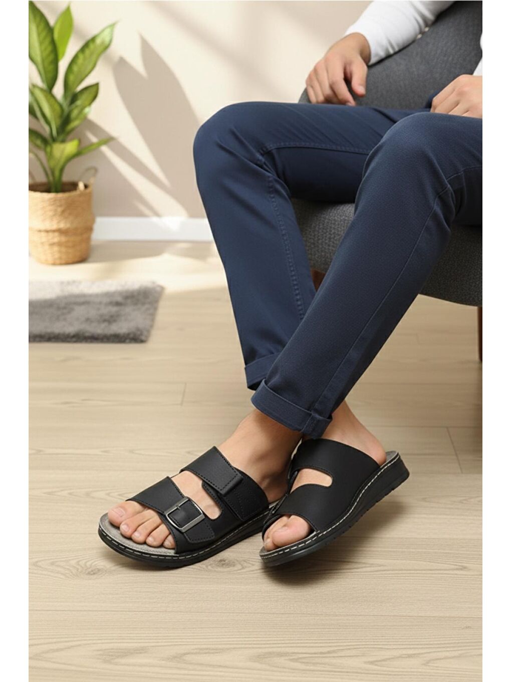 Siyah Awx 9901 Erkek Suni Deri Çift Tokalı Cırtlı Ayarlanabilir Anatomik Taban Günlük Terlik-2