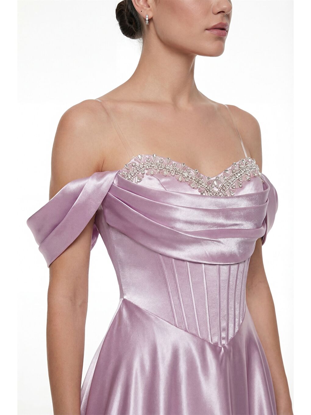 Pembe Kadın Pudra Kayık Yaka Taşlı Uzun Söz Nişan Nikah Abiye Elbise-2