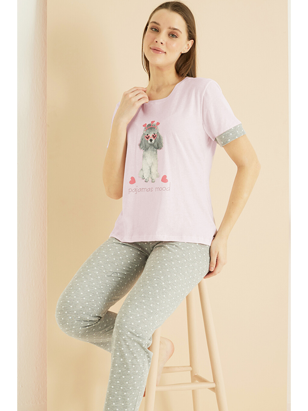 Pembe Desenli Pamuklu Bisiklet Yaka Örme Pijama Takım25103254