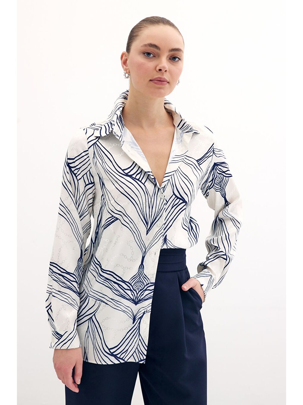 Desenli Saten Gömlek - Sax Mavi-1