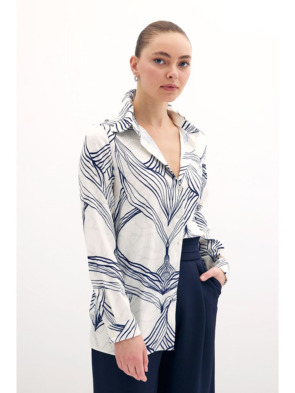 Desenli Saten Gömlek - Sax Mavi-2