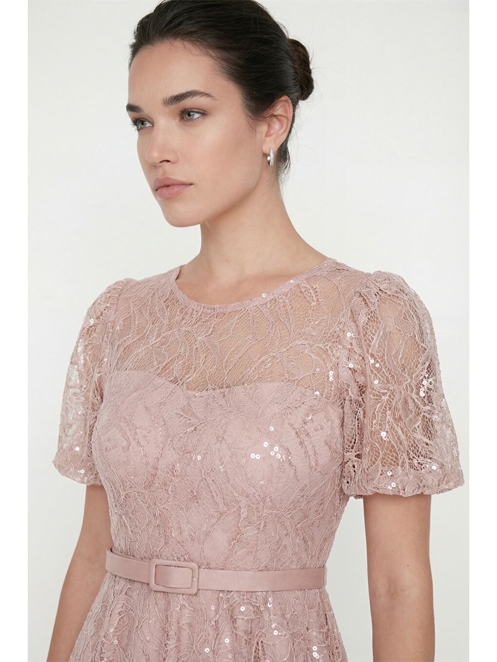 Pembe Kadın Pudra Balon Kol Kemerli Söz Nişan Nikah Abiye Elbise-2