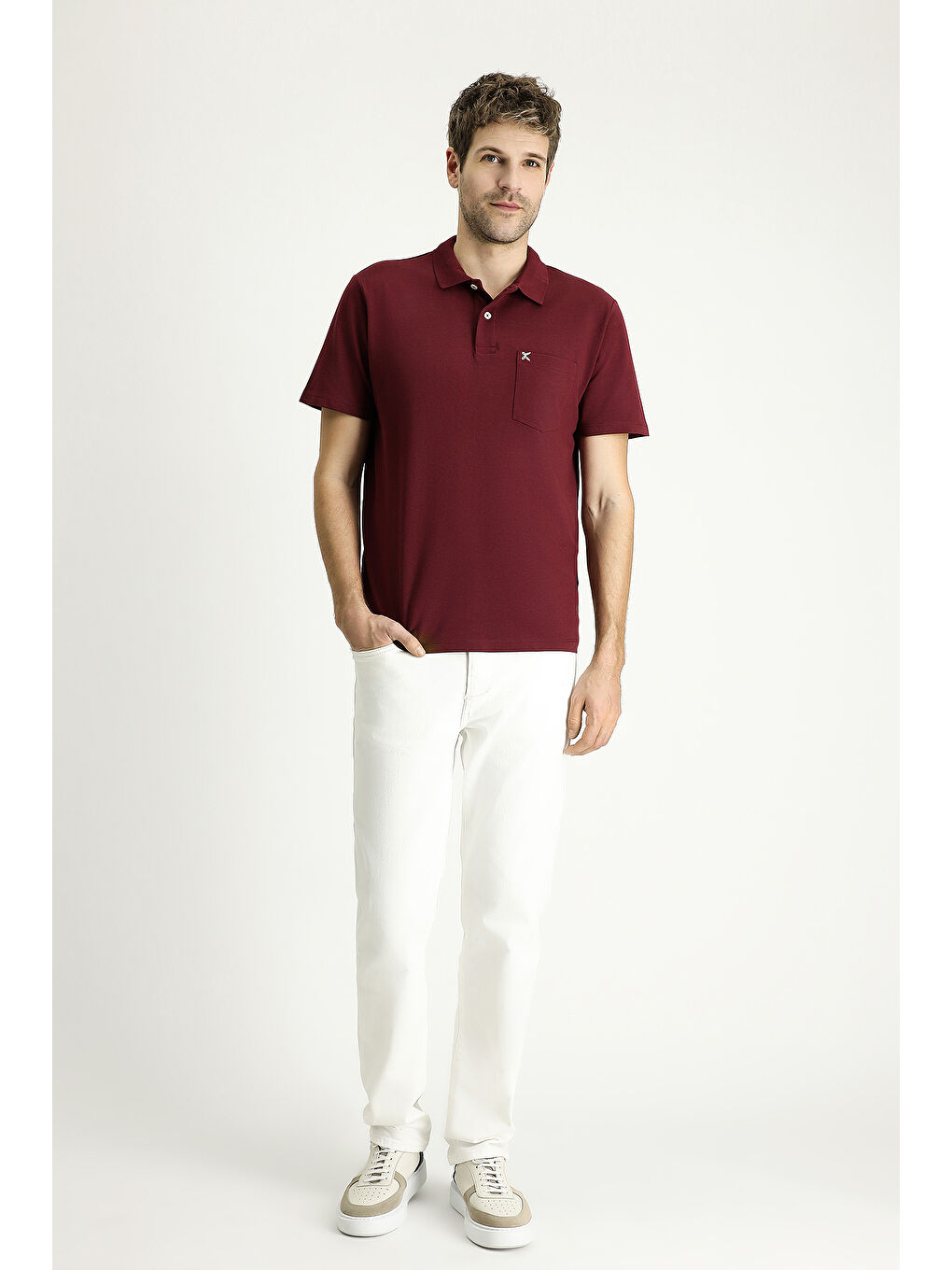 Bordo Polo Yaka Regular Fit Nakışlı Pamuk %100 Pamuk Tişört-1