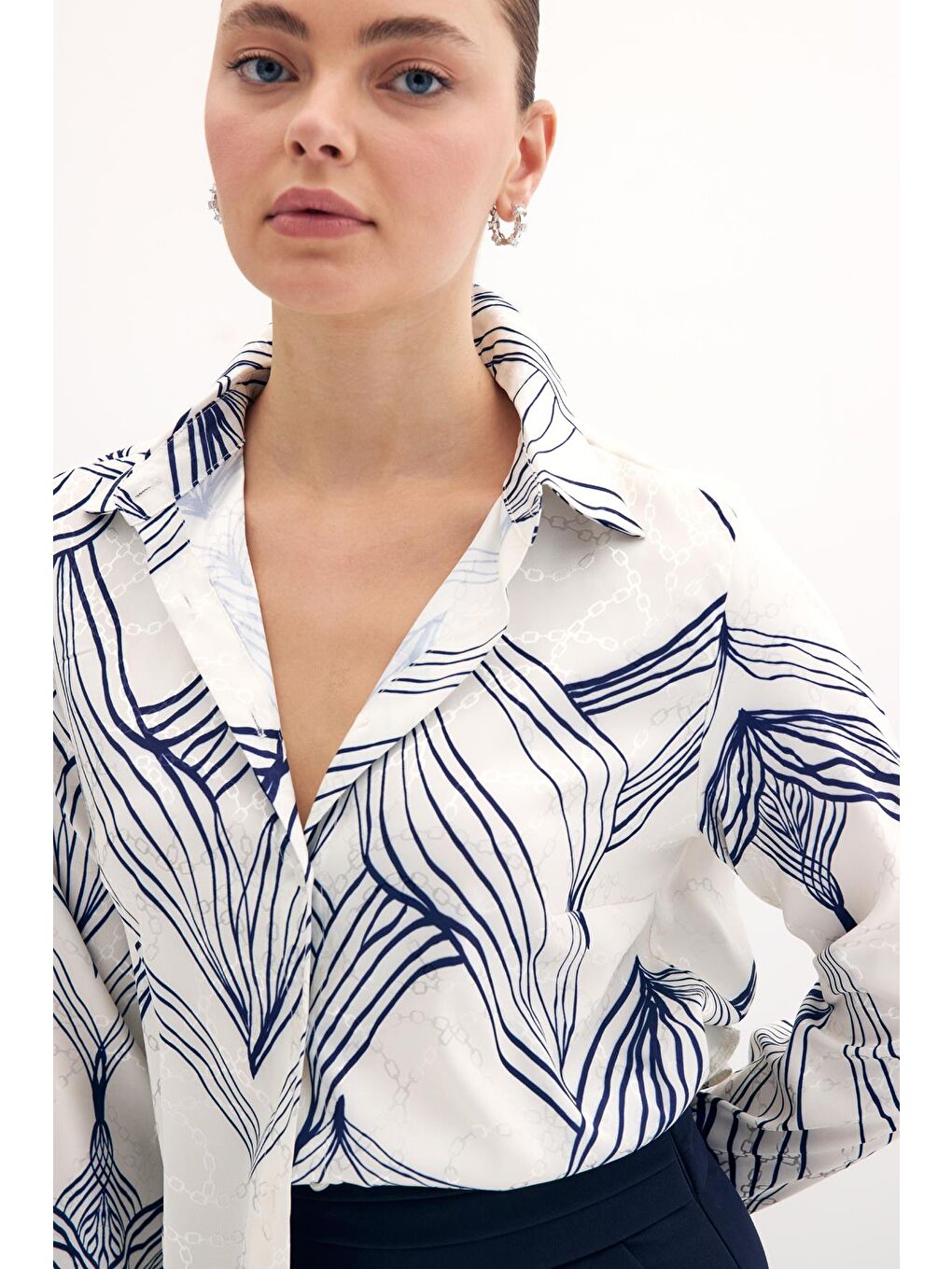 Desenli Saten Gömlek - Sax Mavi-3