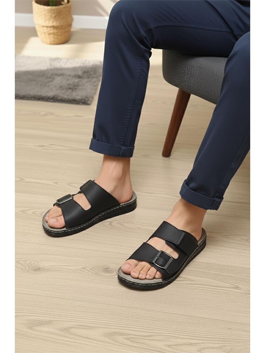 Siyah Awx 9901 Erkek Suni Deri Çift Tokalı Cırtlı Ayarlanabilir Anatomik Taban Günlük Terlik-3