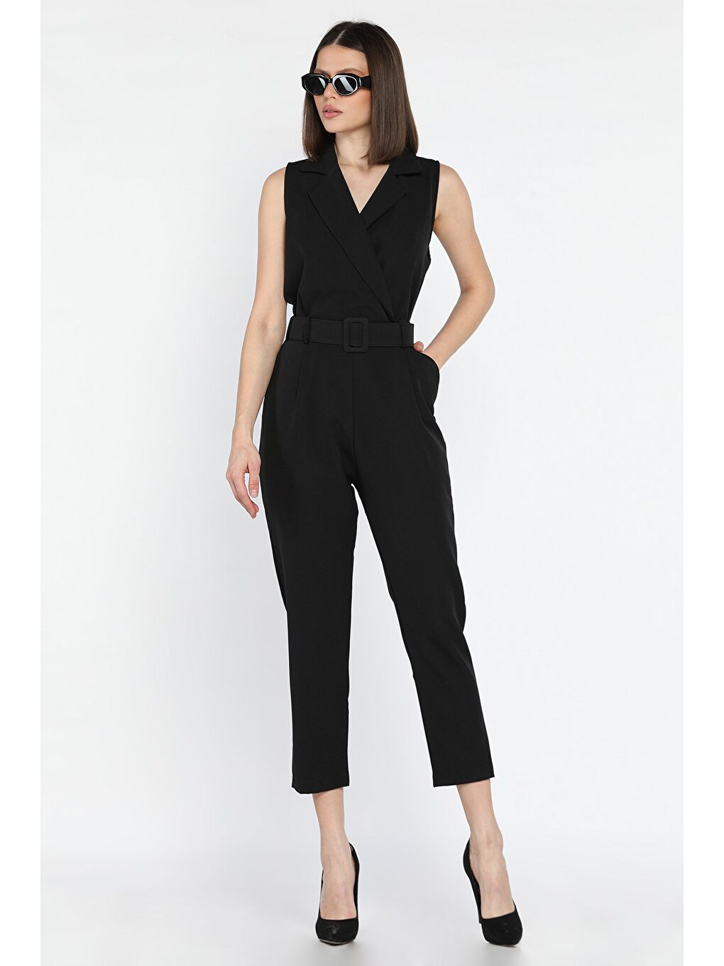 Siyah Kemerli Kruvaze Yaka Sıfır Kol Kadın Tulum-1