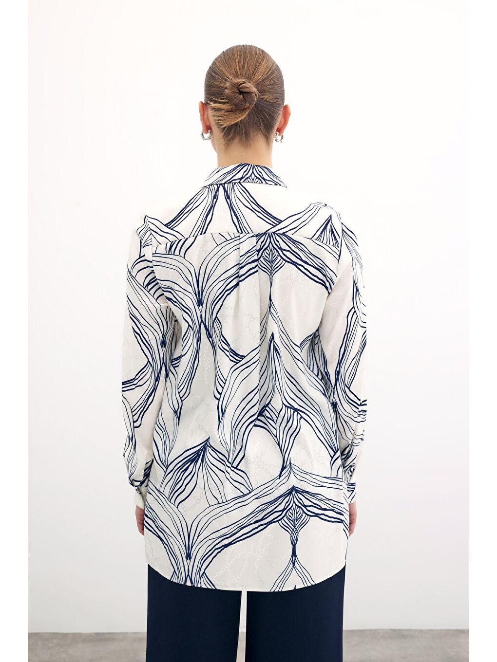 Desenli Saten Gömlek - Sax Mavi-4