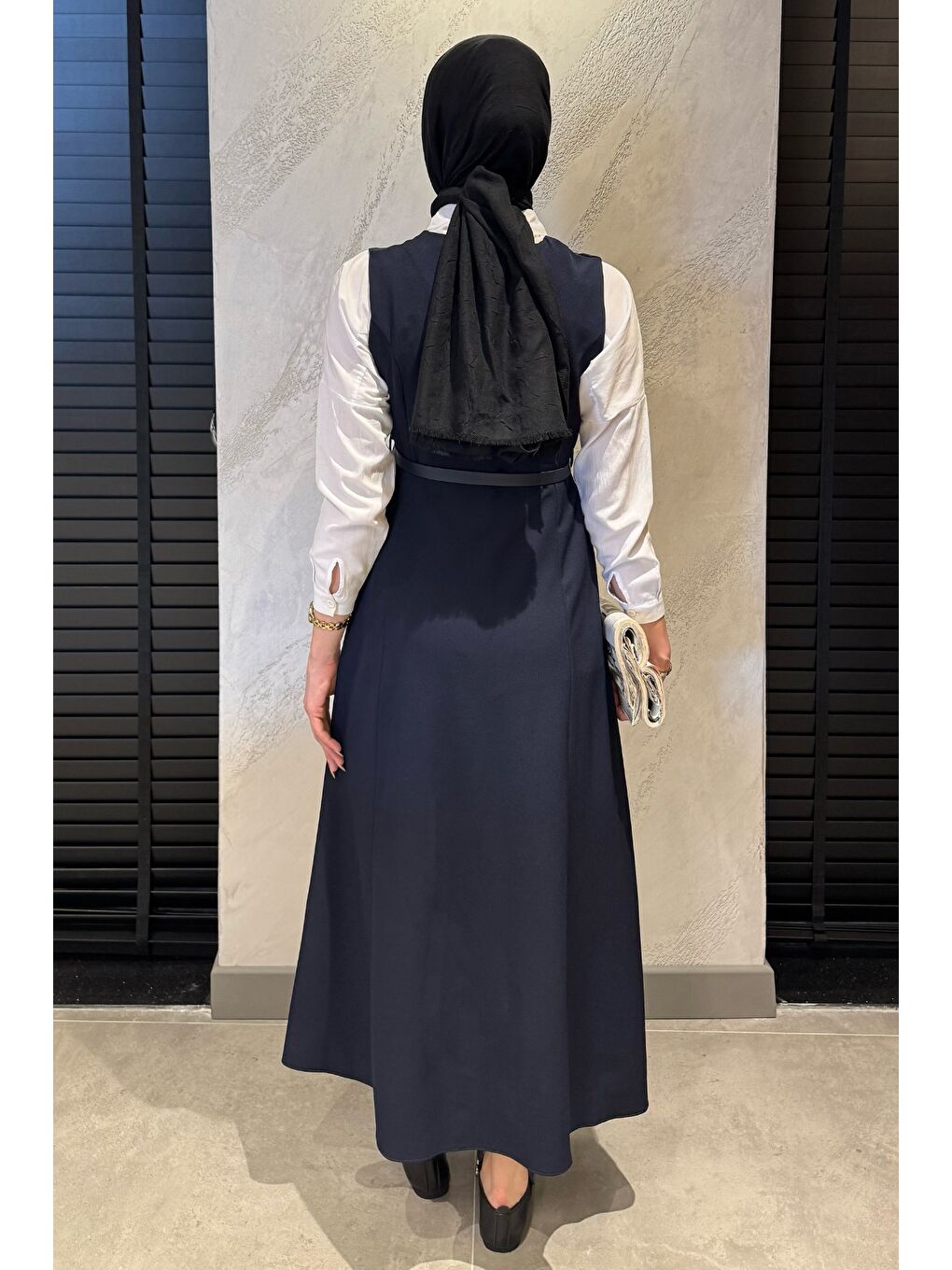 Lacivert Kemerli Tesettür Jile Elbise-7