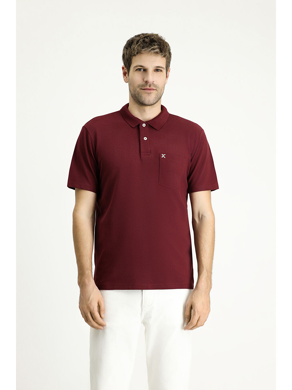 Bordo Polo Yaka Regular Fit Nakışlı Pamuk %100 Pamuk Tişört-2