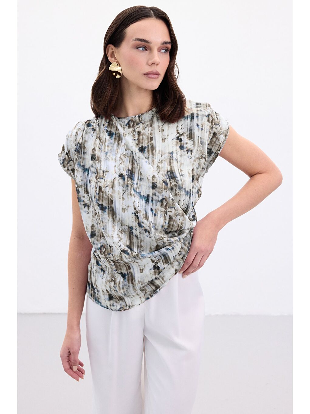 Pileli Kolsuz Bluz - İndigo-2