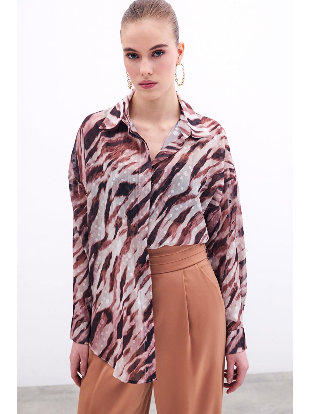 Kahverengi Desenli Salaş Gömlek - Kahve