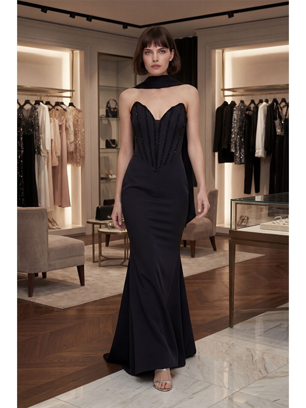 Kadın Siyah Straplez Yaka Taşlı Uzun Balık Abiye Elbise-4