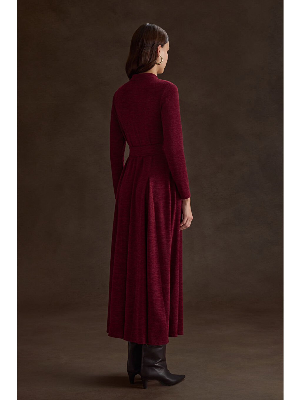 Bordo Seyyar Kuşaklı ,Kloş Örme Elbise-5