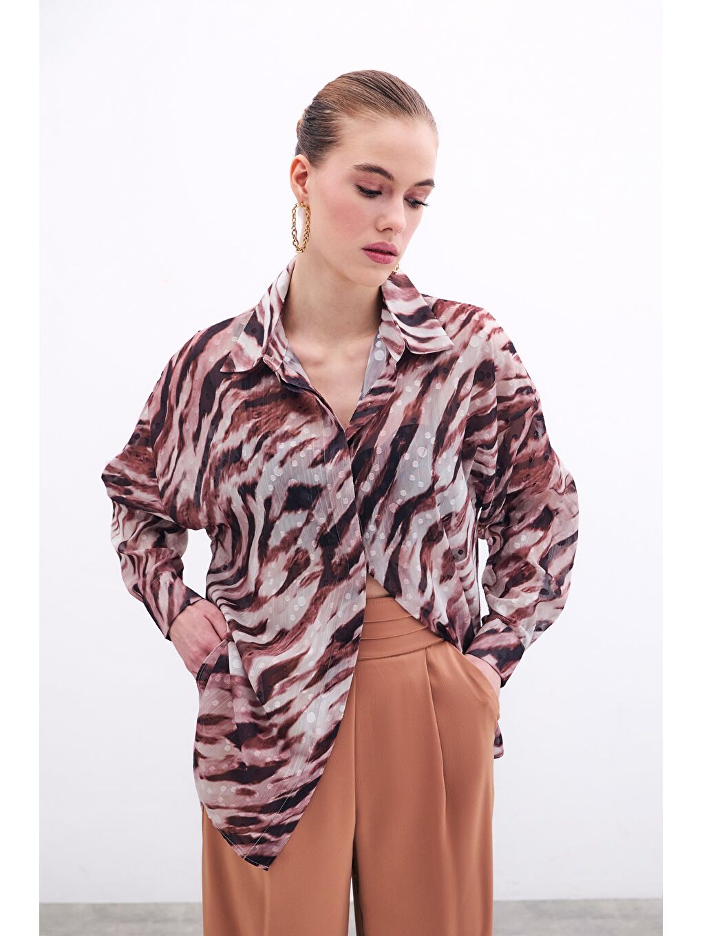 Kahverengi Desenli Salaş Gömlek - Kahve-1