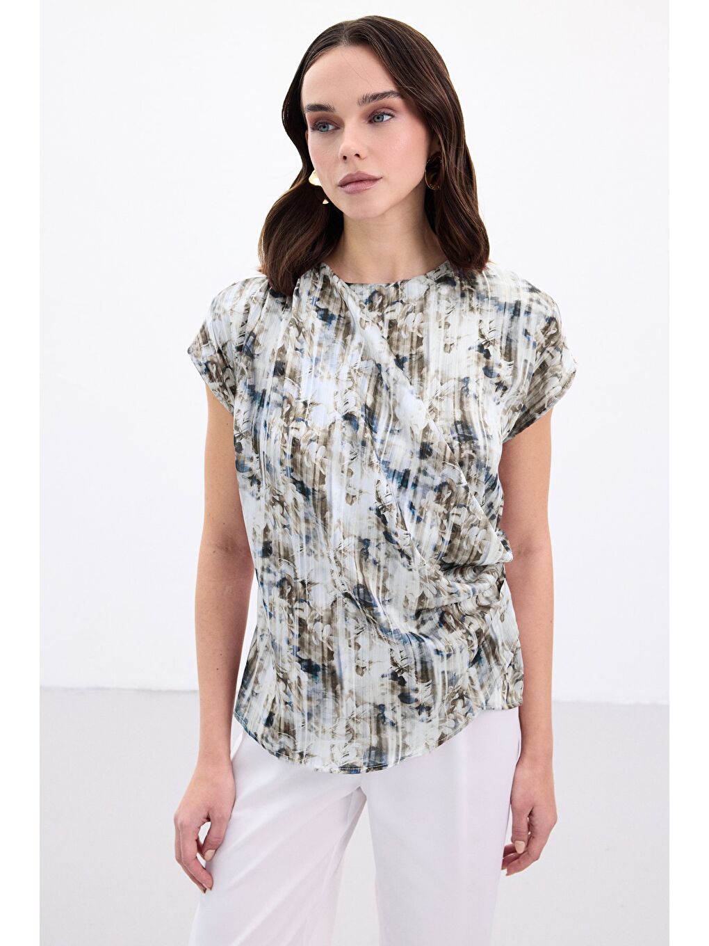 Pileli Kolsuz Bluz - İndigo-3