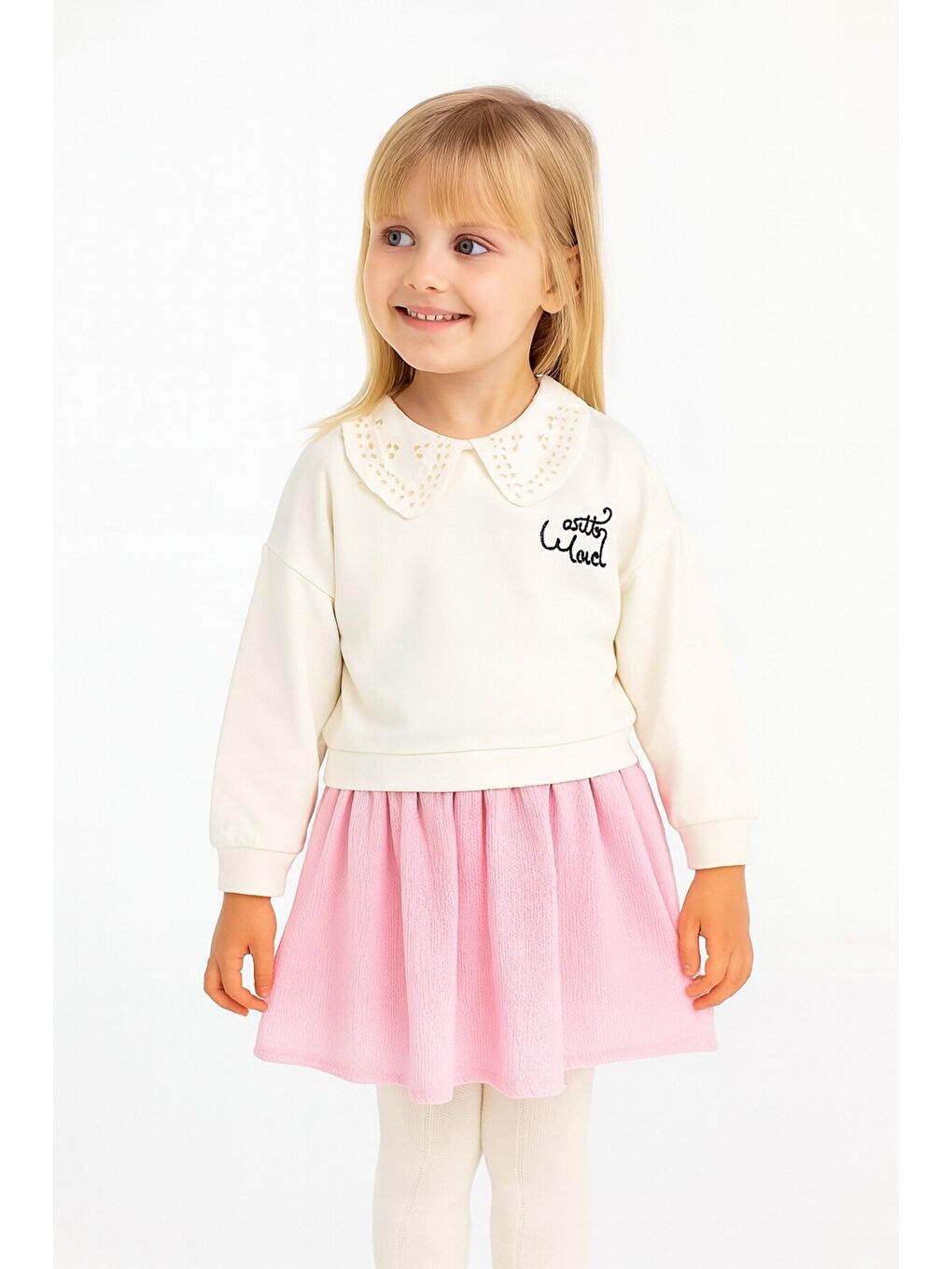 Pembe Kız Çocuk Trend Tasarım Yakalı Premium Sweatshirt Elbise-1