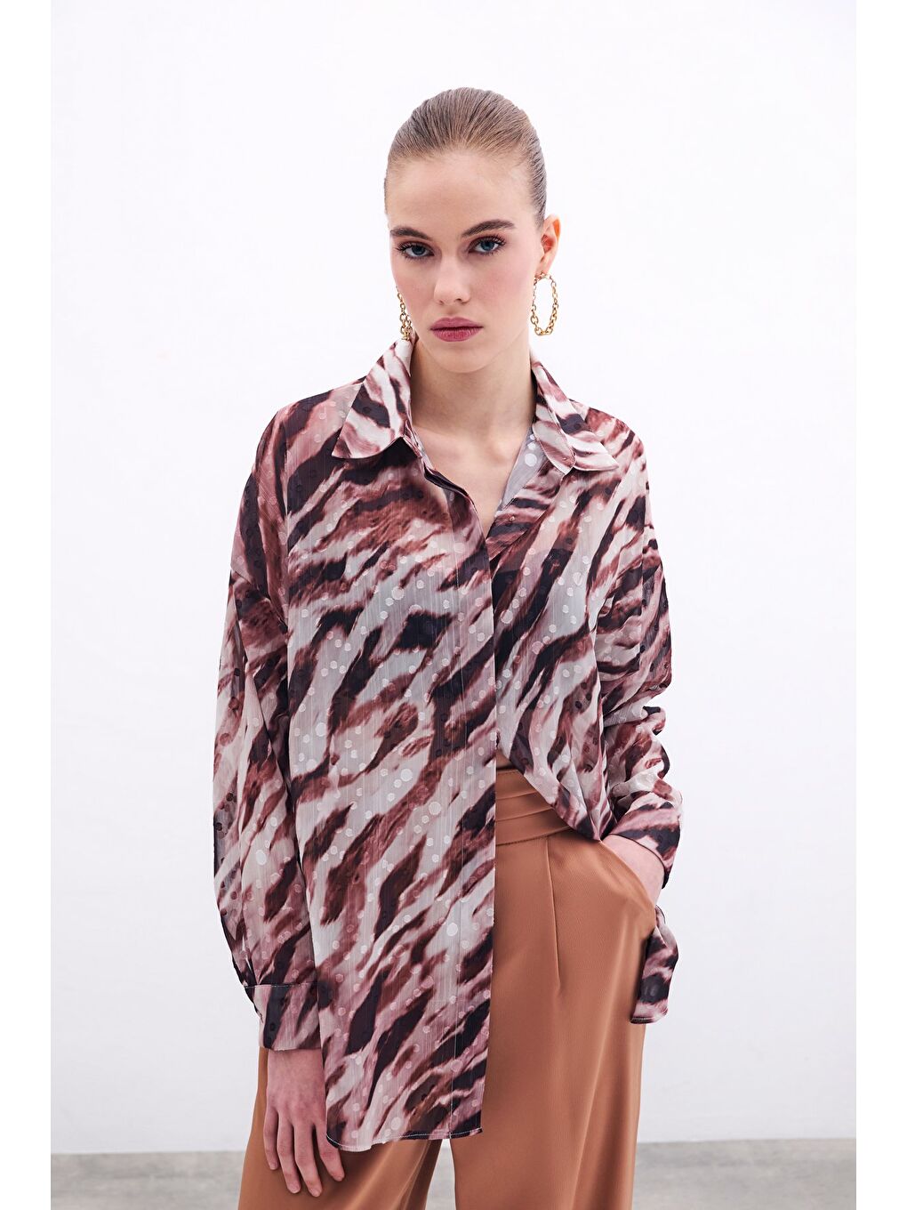 Kahverengi Desenli Salaş Gömlek - Kahve-3