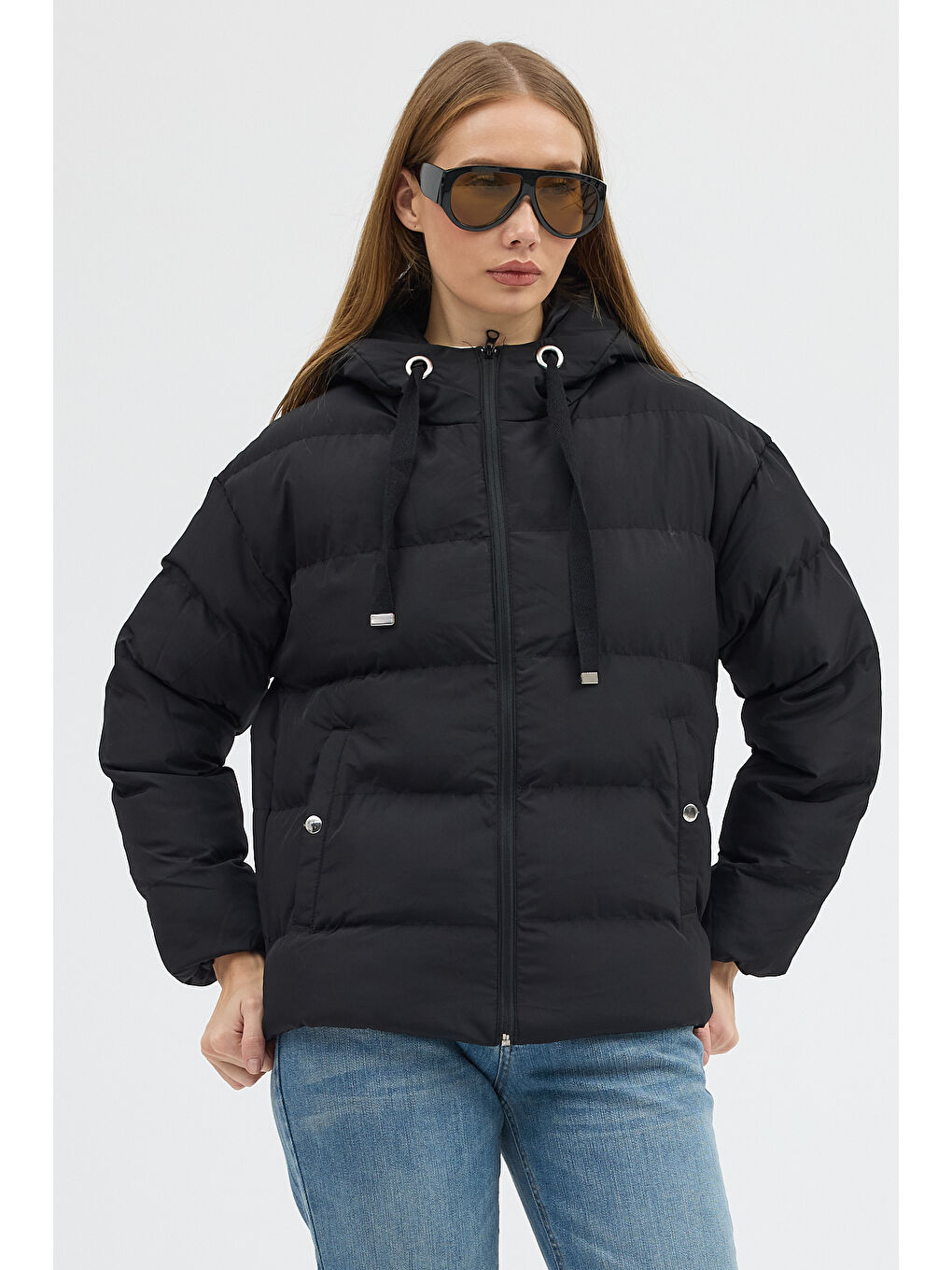 Kadın Siyah Çift Cepli Fermuarlı Su İtici Kumaş Normal Kesim Dolumlu Şişme Mont-2