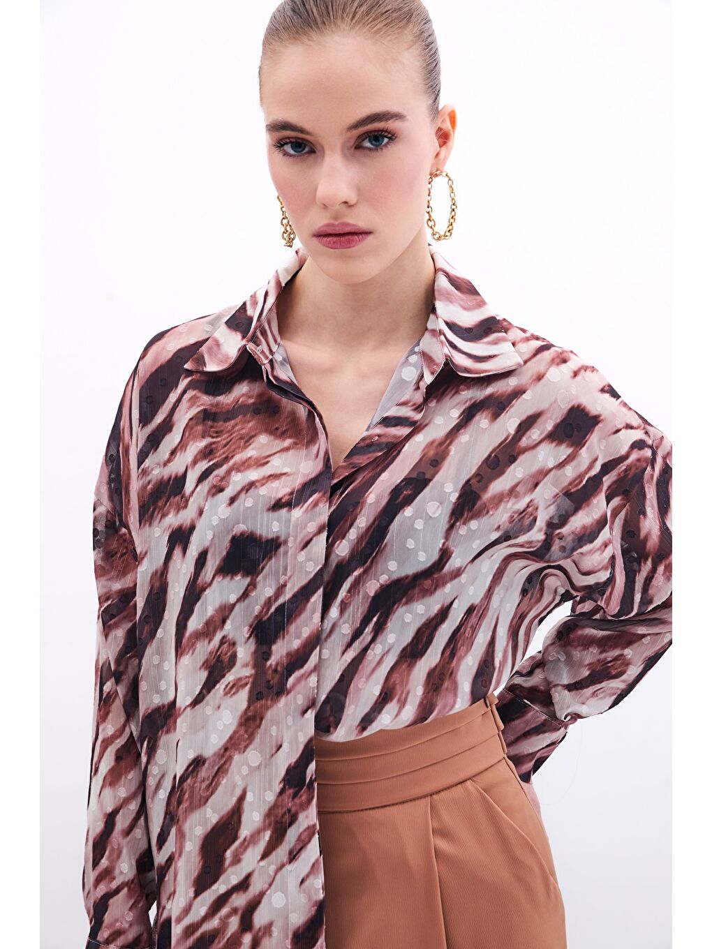 Kahverengi Desenli Salaş Gömlek - Kahve-4
