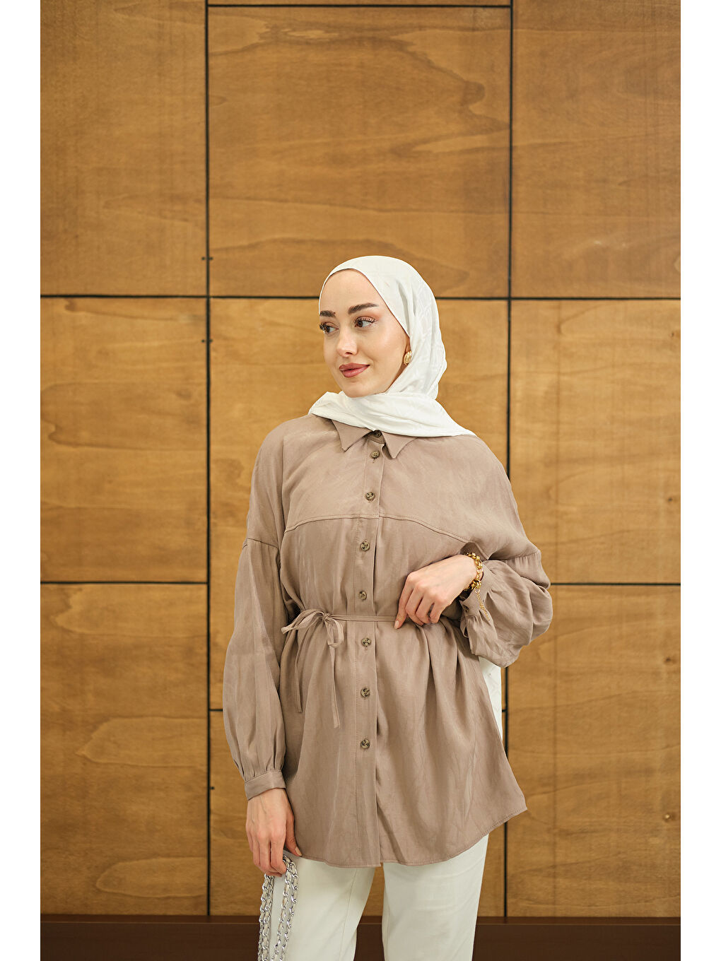 Bej Kadın Karışık Desen Jakar Gömlek Vizon