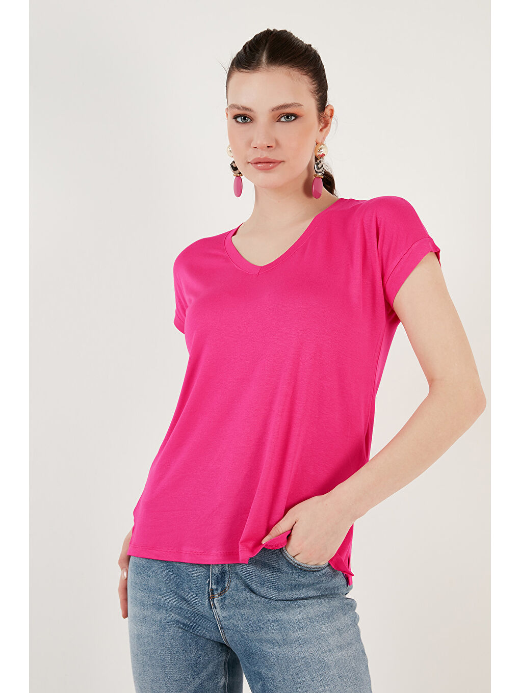 Ekru V Yaka Relaxed Fit Yırtmaç Detaylı 2'li Paket Bluz 5862000S2-2