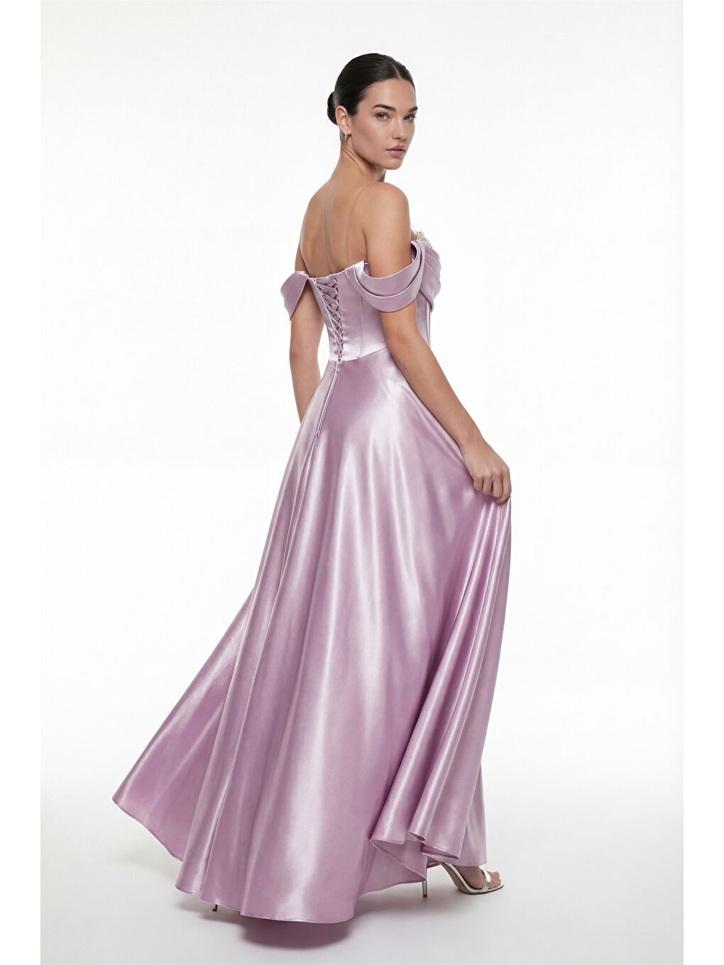 Pembe Kadın Pudra Kayık Yaka Taşlı Uzun Söz Nişan Nikah Abiye Elbise-4