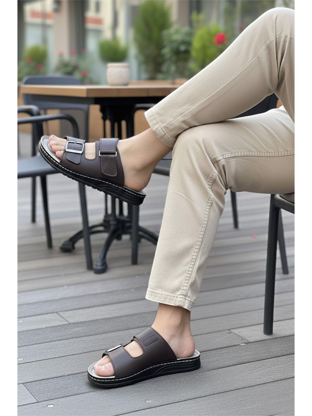 Kahverengi Awx 9901 Erkek Suni Deri Çift Tokalı Cırtlı Ayarlanabilir Anatomik Taban Günlük Terlik