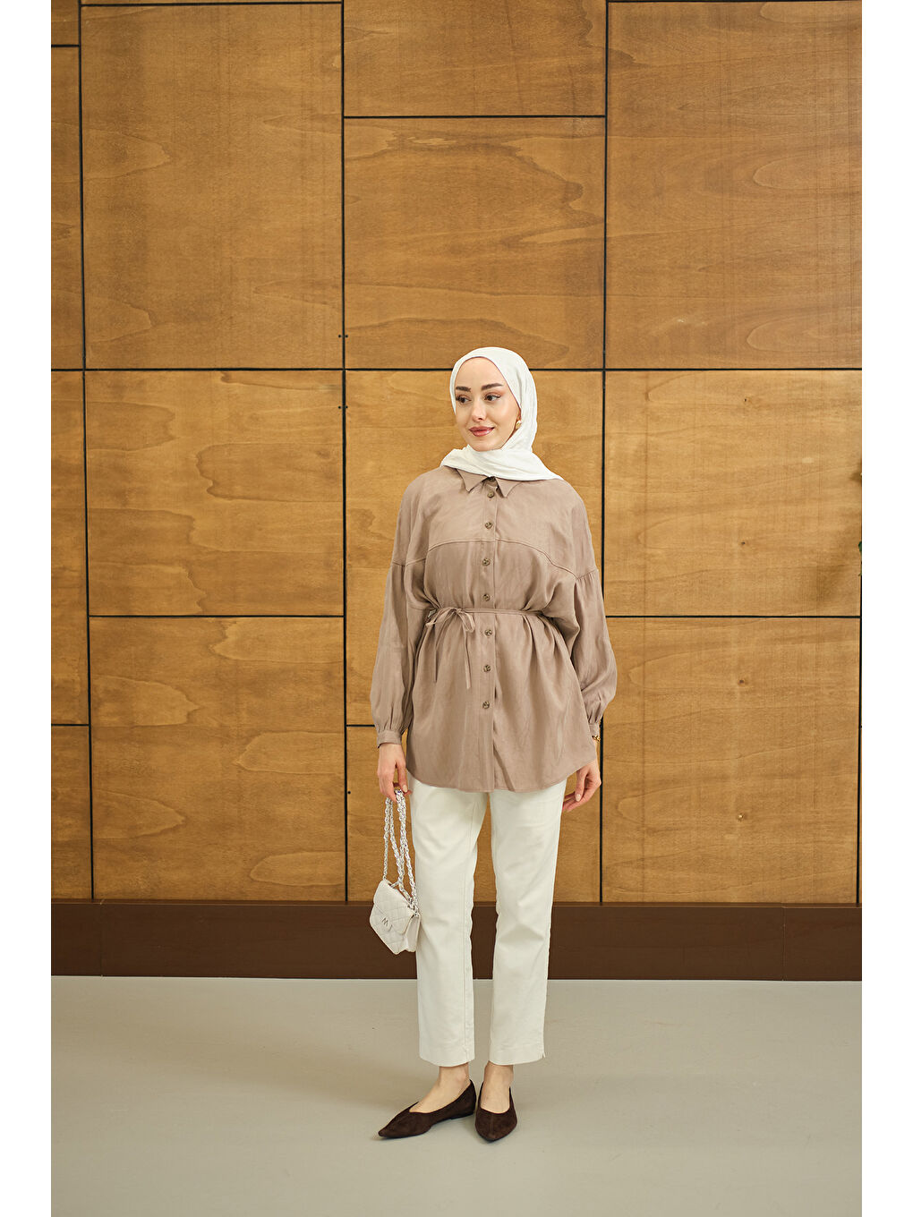 Bej Kadın Karışık Desen Jakar Gömlek Vizon-1