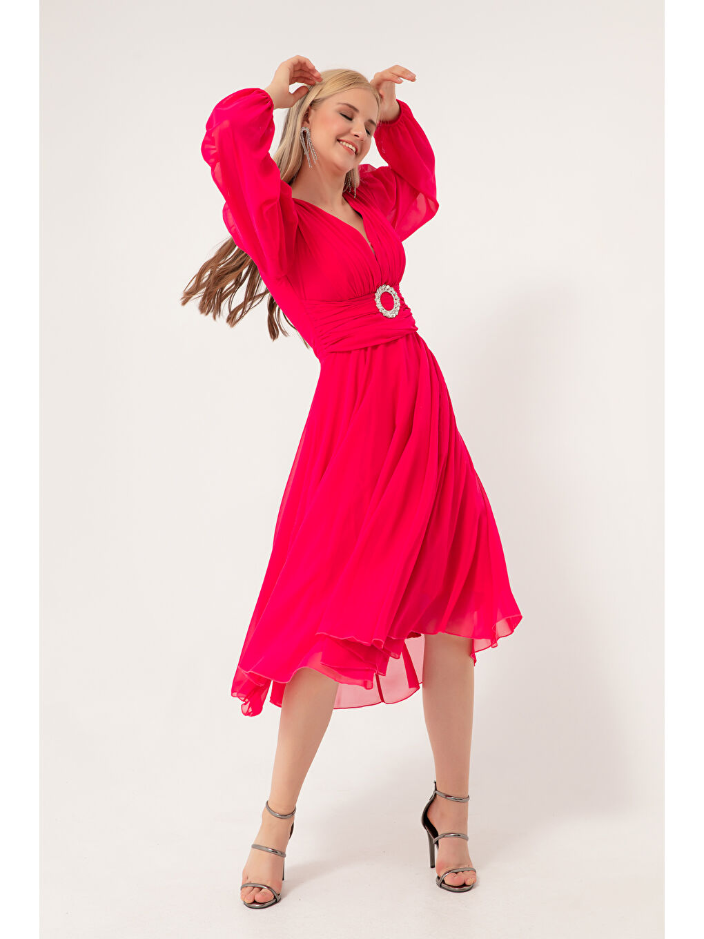 Kadın Fuşya Taşlı Kemerli Kloş Abiye