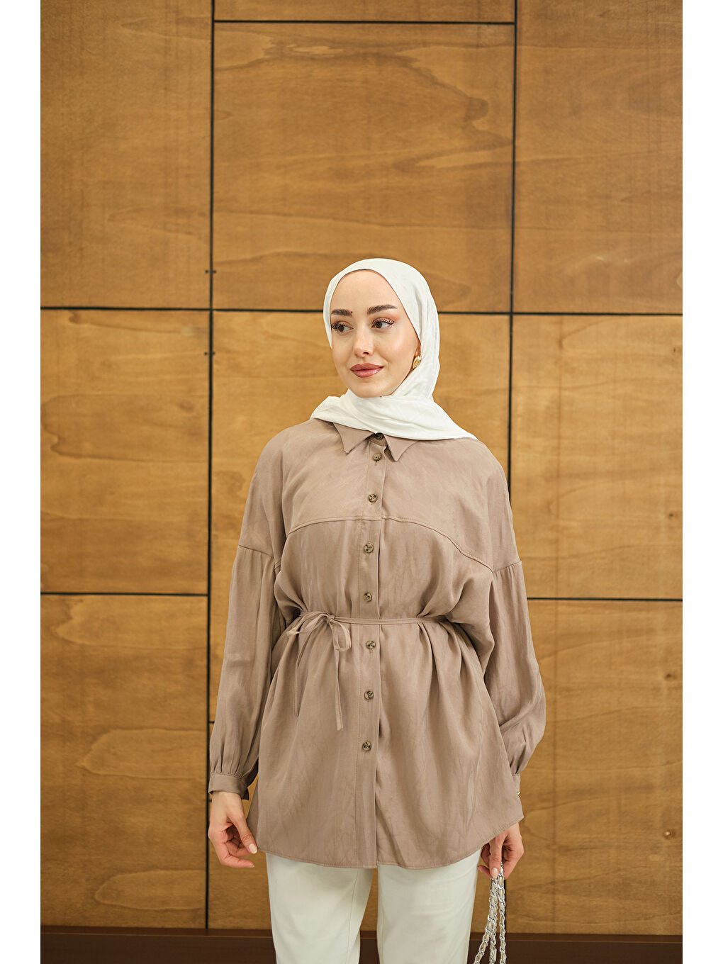 Bej Kadın Karışık Desen Jakar Gömlek Vizon-2