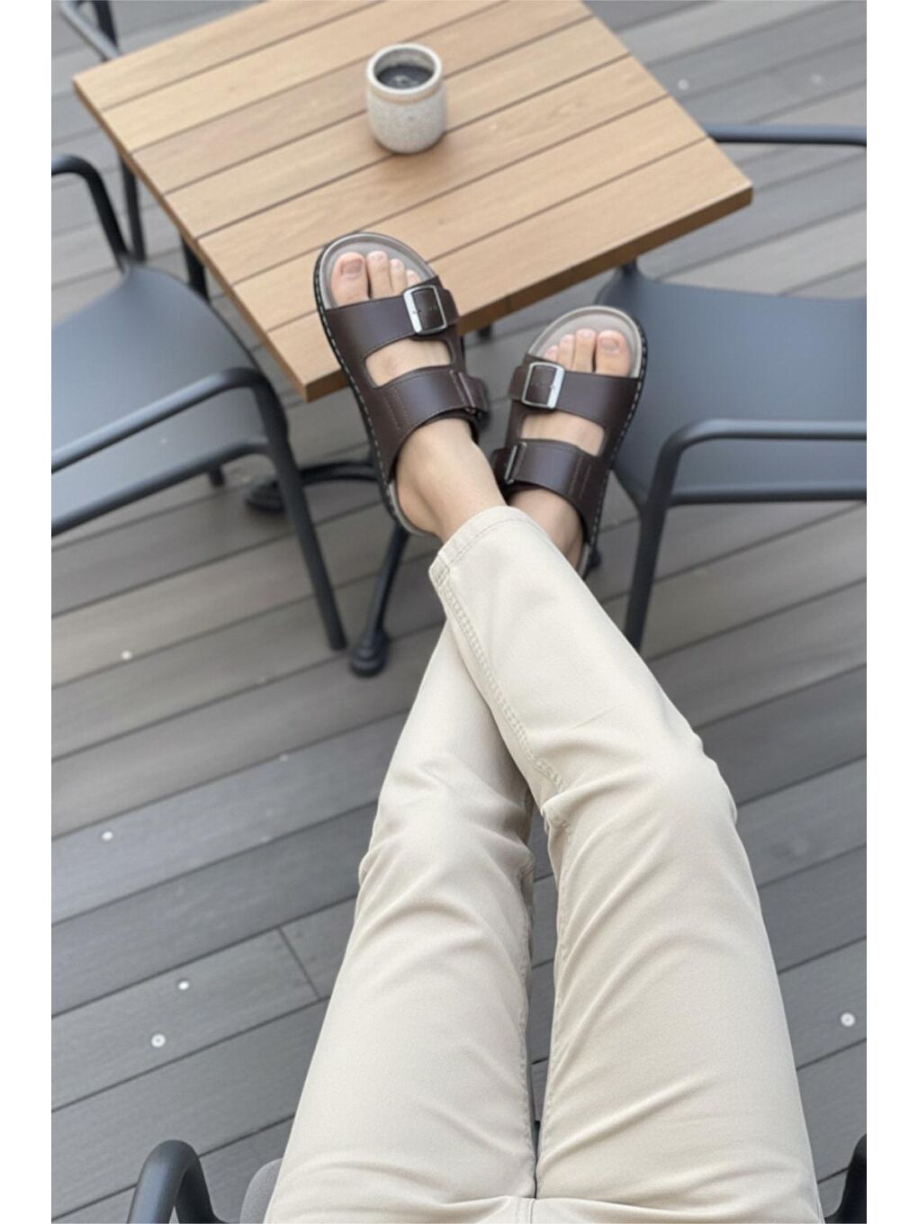 Kahverengi Awx 9901 Erkek Suni Deri Çift Tokalı Cırtlı Ayarlanabilir Anatomik Taban Günlük Terlik-1