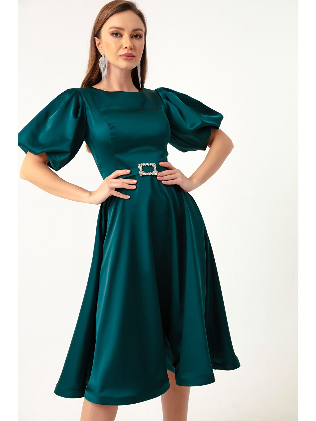 Kadın Petrol Balon Kollu Taşlı Kemerli Mini Saten Abiye Elbise-2
