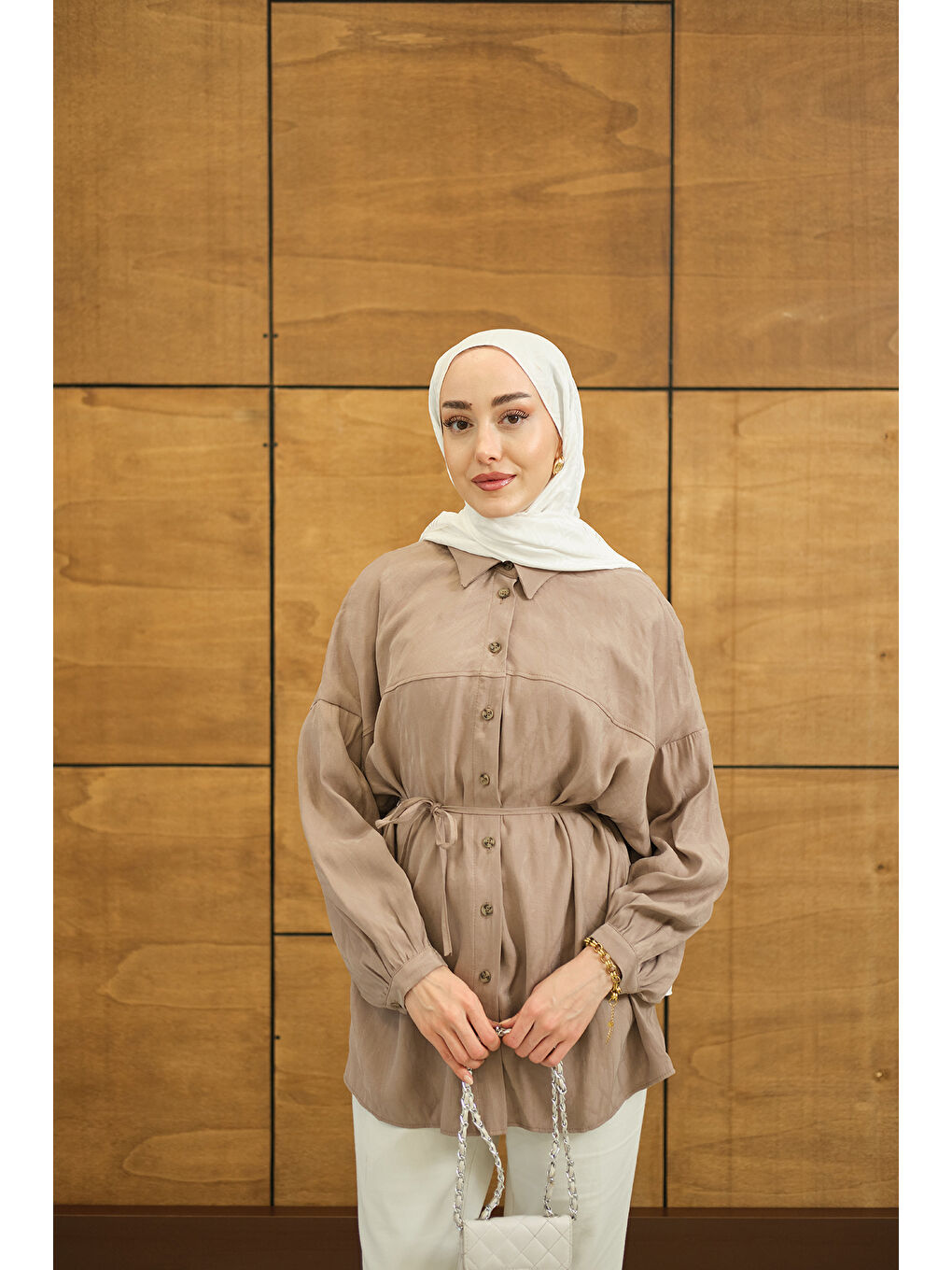 Bej Kadın Karışık Desen Jakar Gömlek Vizon-3