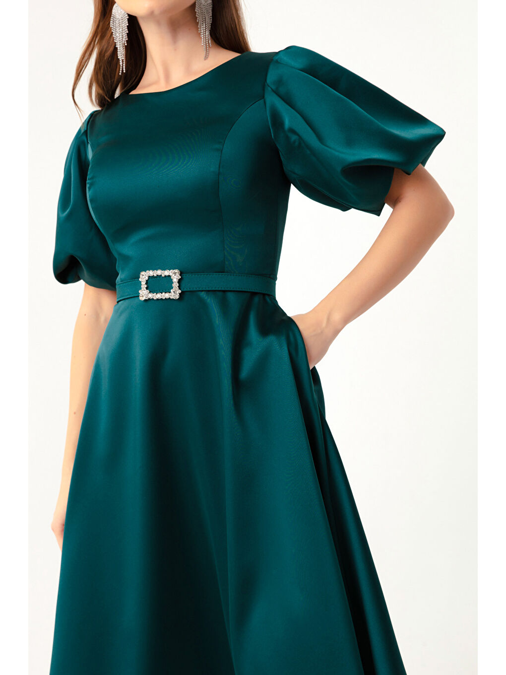 Kadın Petrol Balon Kollu Taşlı Kemerli Mini Saten Abiye Elbise-3