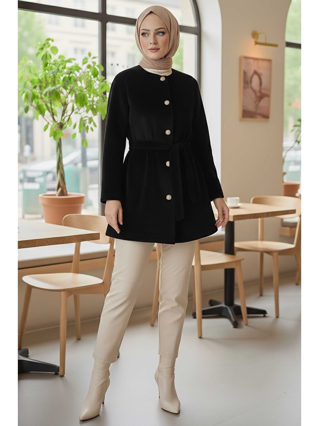 Değmeli Kuşaklı Kaşe Ceket Siyah - 28008-SIYAH-1