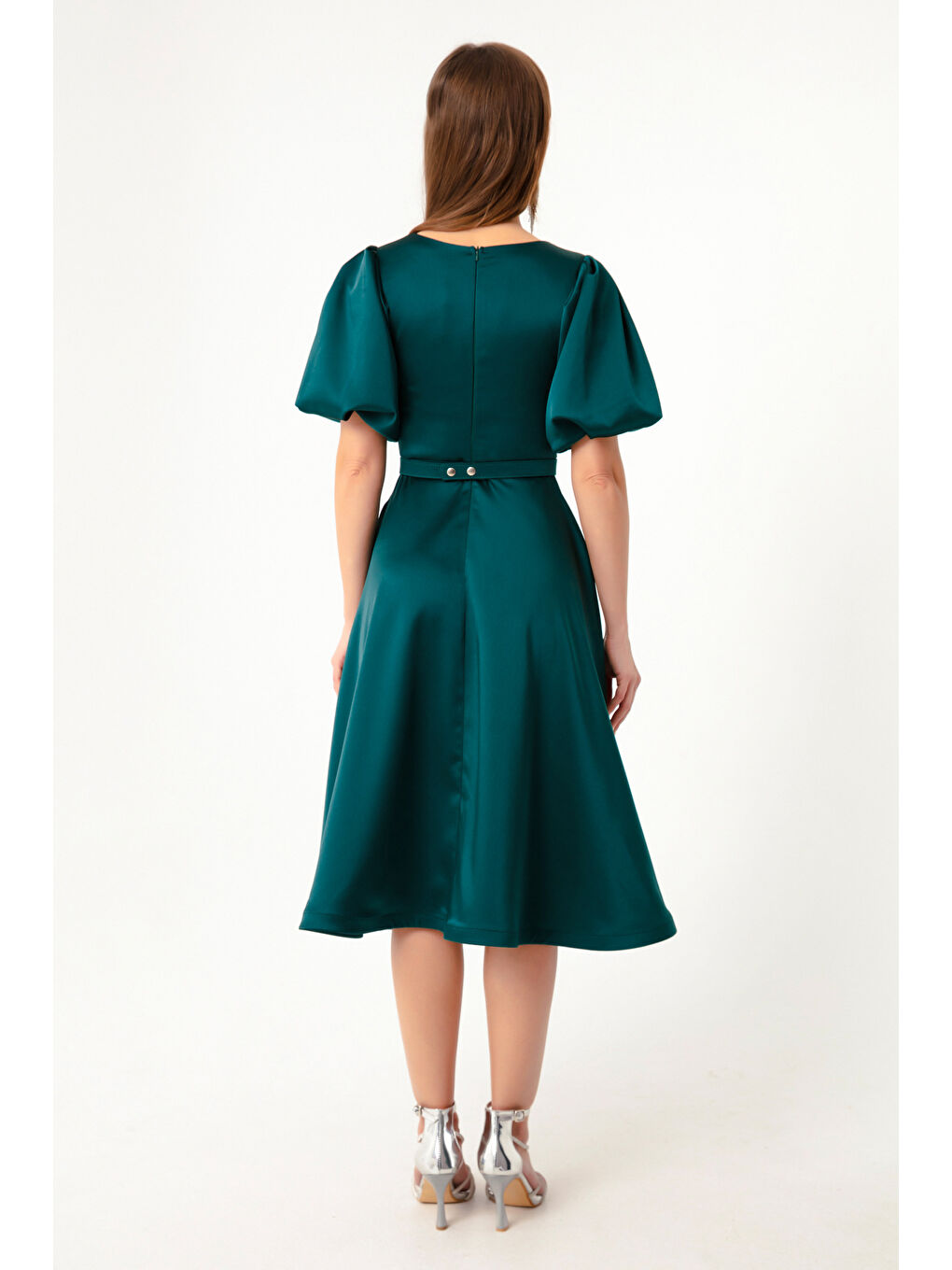 Kadın Petrol Balon Kollu Taşlı Kemerli Mini Saten Abiye Elbise-4