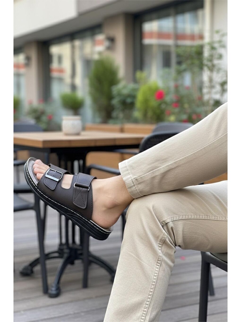 Kahverengi Awx 9901 Erkek Suni Deri Çift Tokalı Cırtlı Ayarlanabilir Anatomik Taban Günlük Terlik-2