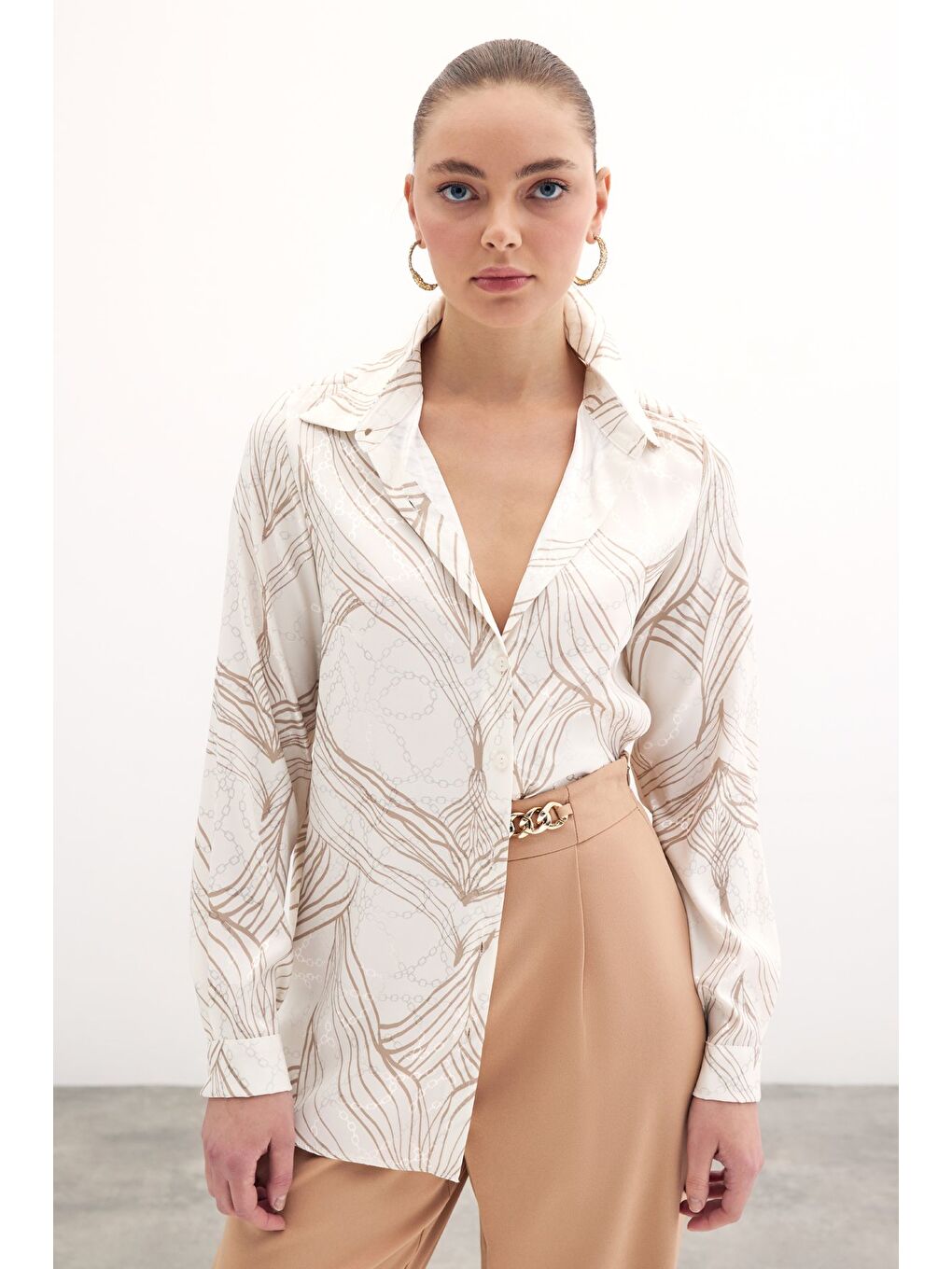 Bej Desenli Saten Gömlek - Taş