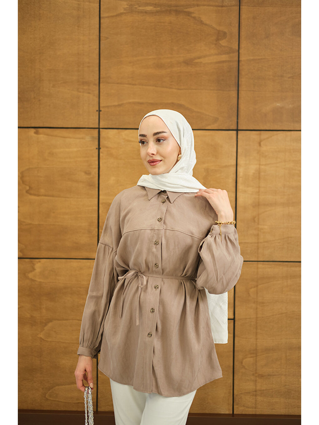 Bej Kadın Karışık Desen Jakar Gömlek Vizon-4