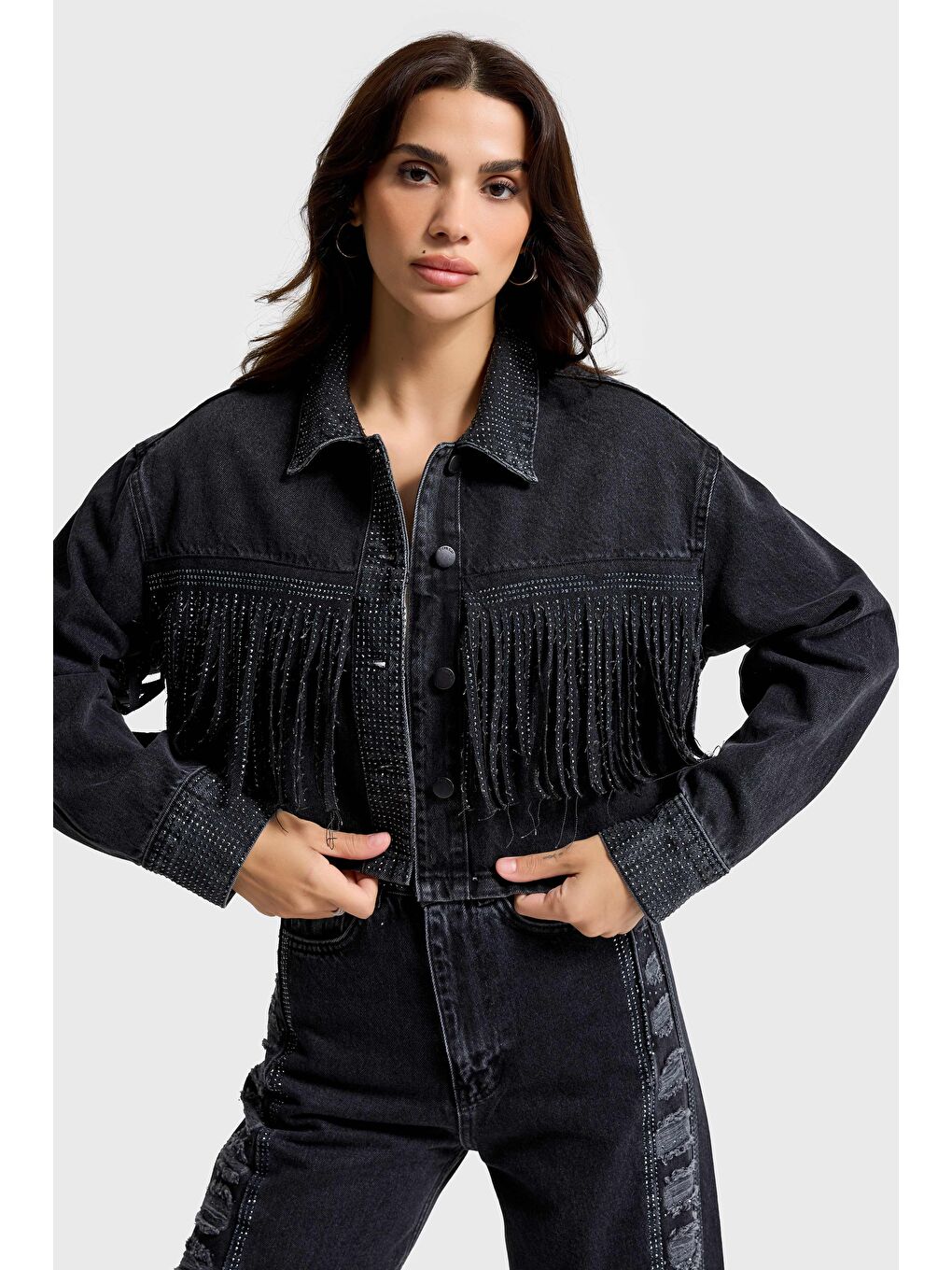 Gri Kadın Füme Renk T-1w5-1 Crop Fit Düğmeli Özel Tasarım Denim Ceket